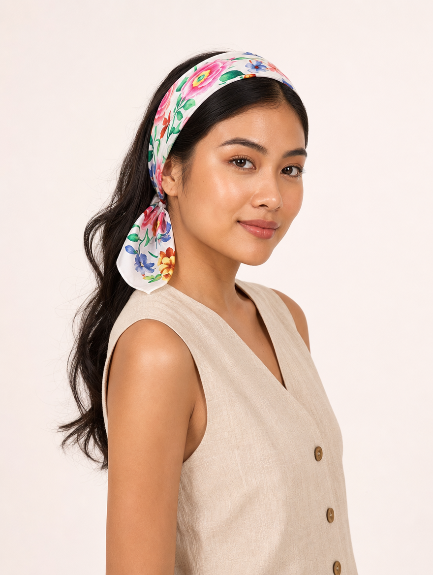Pañuelo Blanco con Flores Multicolor, usado en el cabello con aire mediterráneo y acabado cuidado