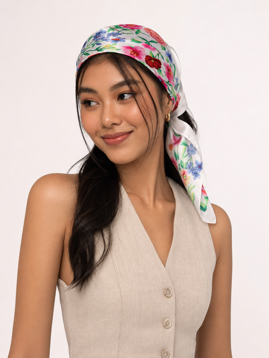 Pañuelo Blanco con Flores Multicolor, llevado en la cabeza con estilo sofisticado y natural