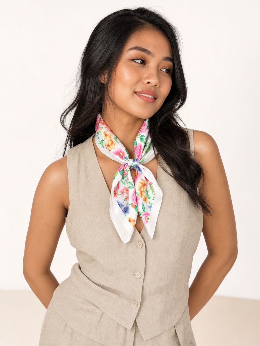 Pañuelo Blanco con Flores Multicolor, llevado al cuello con estilo elegante y acabado cuidado