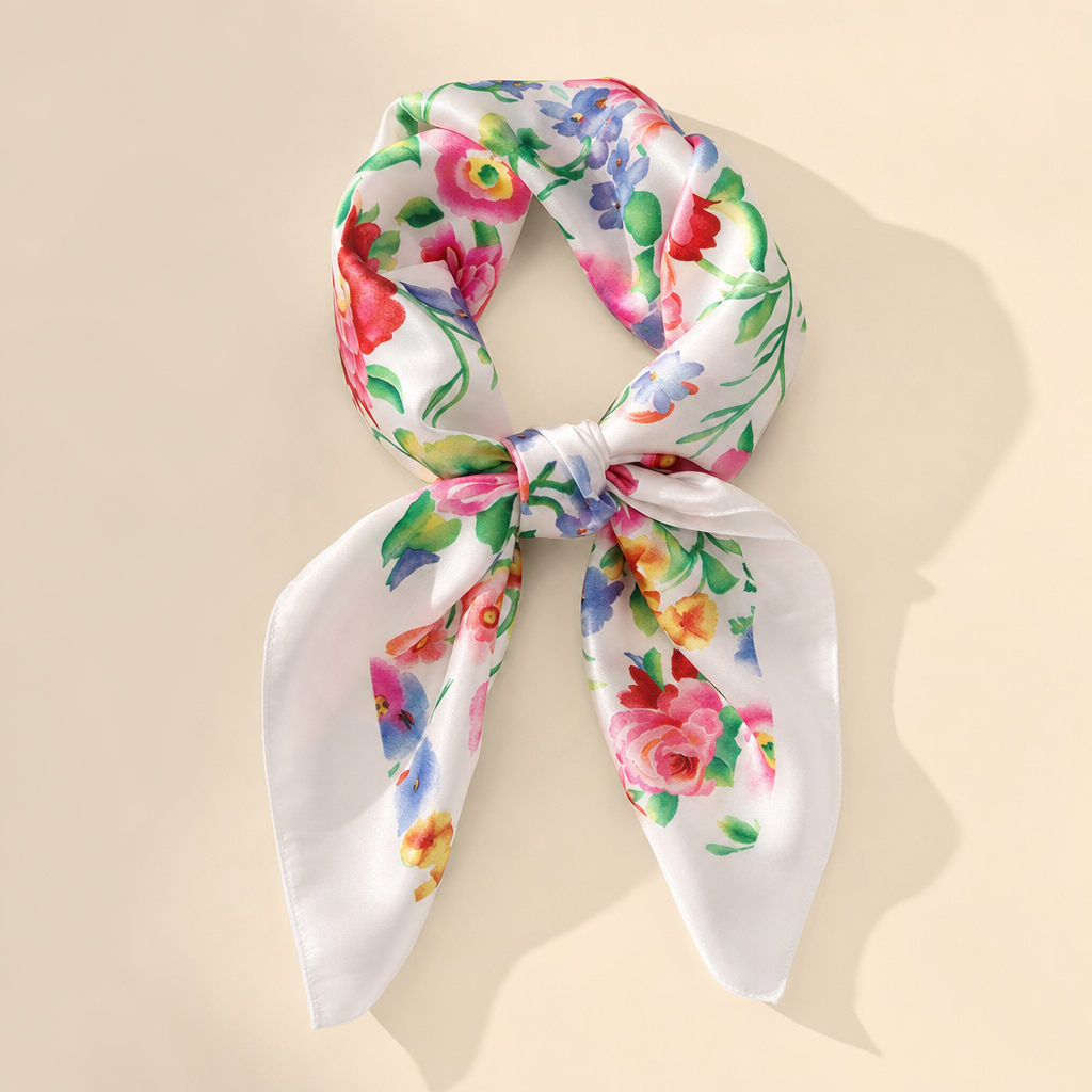 Pañuelo Blanco con Flores Multicolor, presentado con luz suave y estilo cuidado con estilo natural y refinado