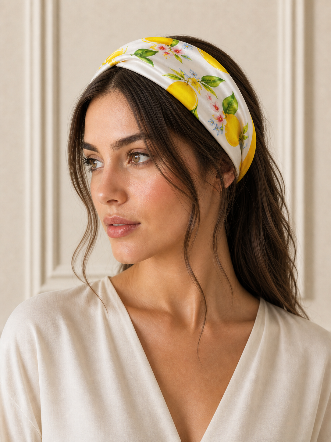 Pañuelo Blanco y Amarillo con Limones, usado en el cabello con aire mediterráneo