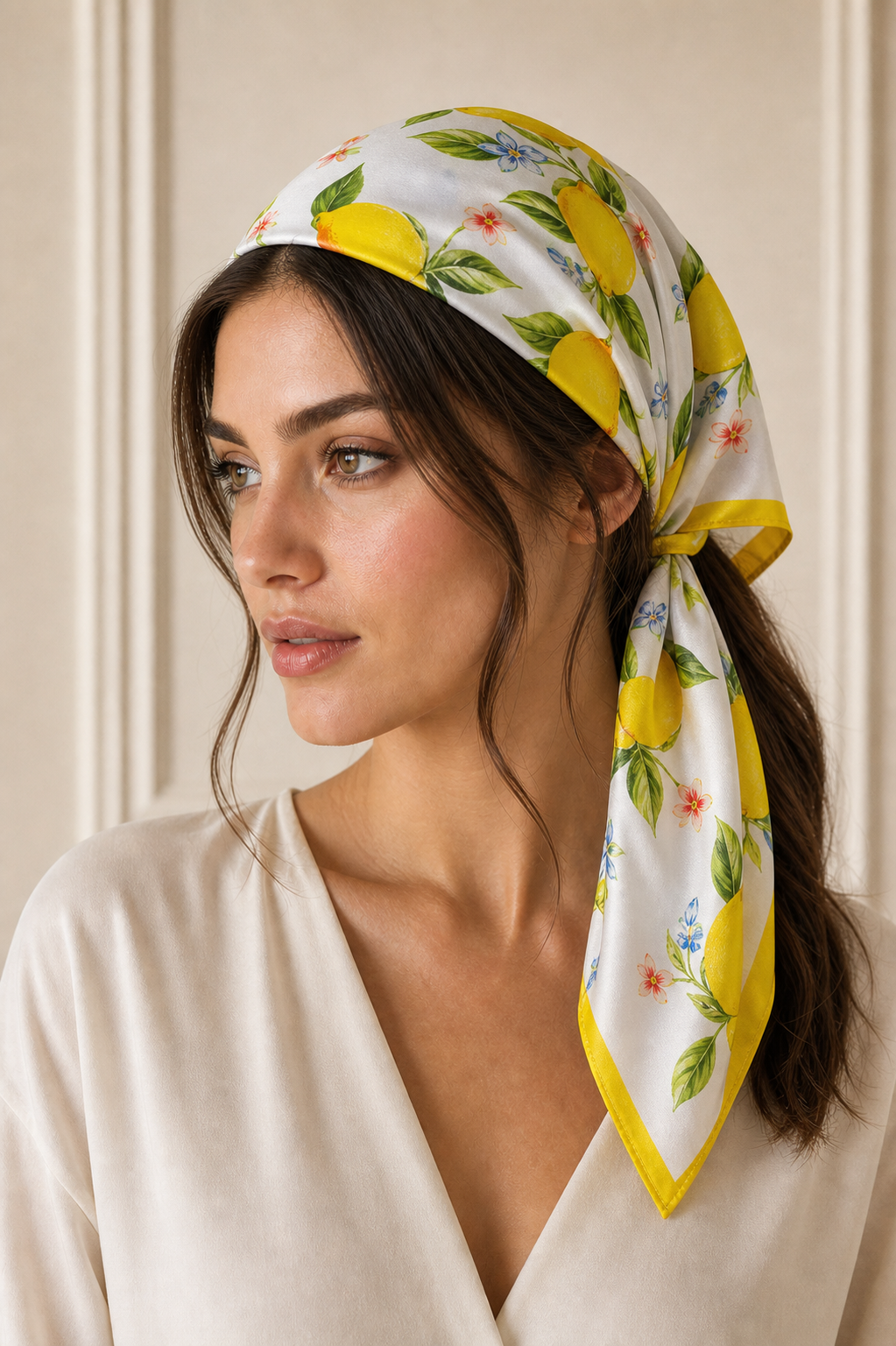 Pañuelo Blanco y Amarillo con Limones, llevado en la cabeza con estilo sofisticado y natural