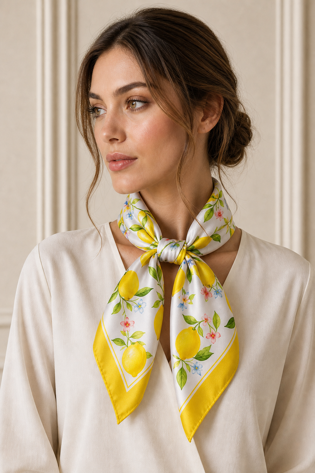 Pañuelo Blanco y Amarillo con Limones, llevado al cuello con estilo elegante y acabado cuidado