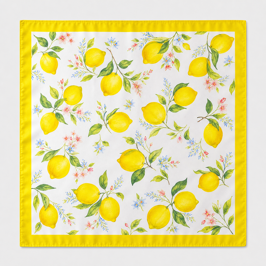 Pañuelo Blanco y Amarillo con Limones, extendido para apreciar su diseño y acabado