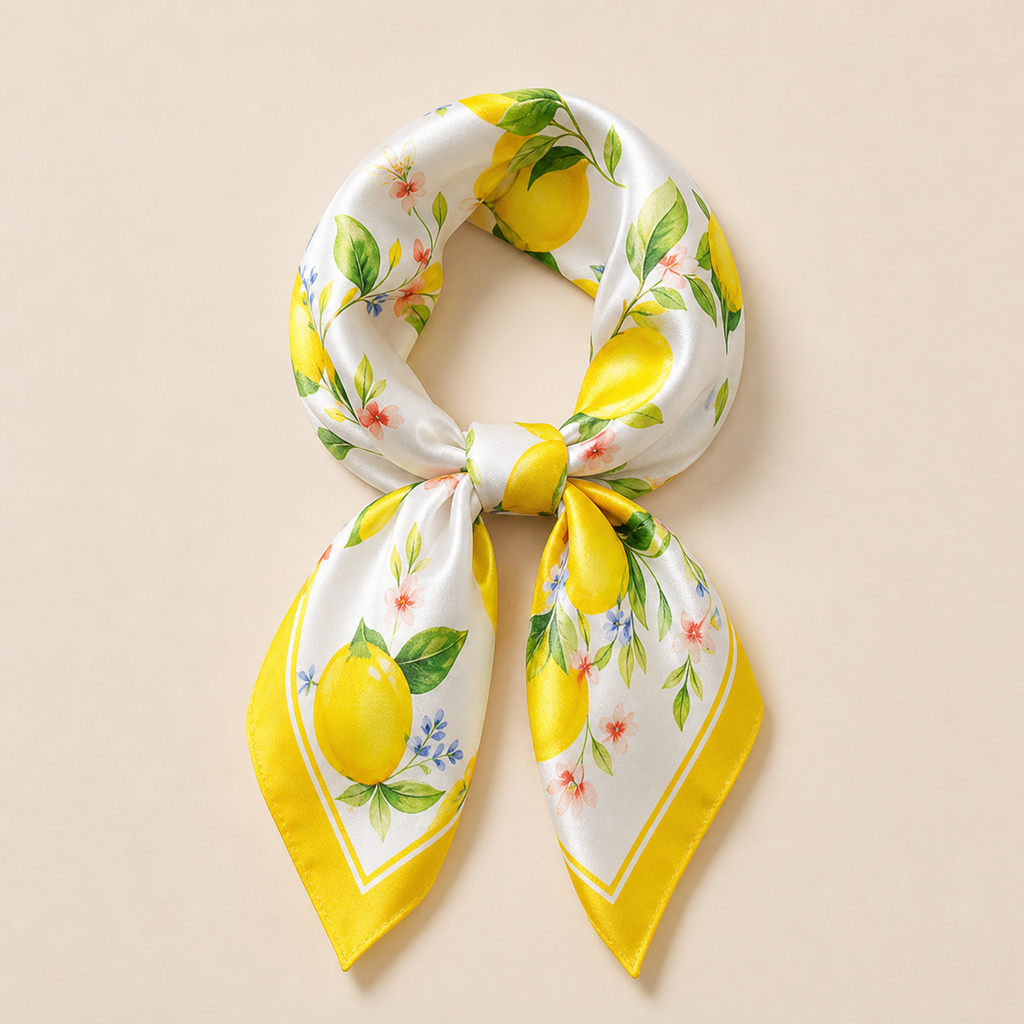 Pañuelo Blanco y Amarillo con Limones, con una presentación cuidada y estilo elegante