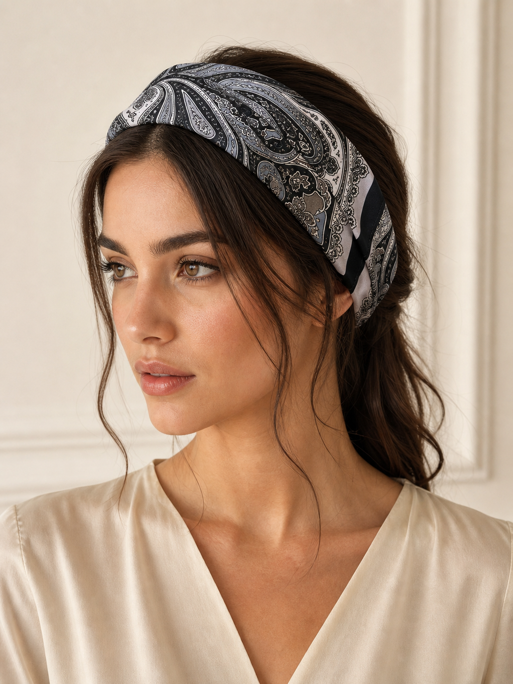 Pañuelo Blanco y Negro con Estampado Paisley, usado en el cabello con aire mediterráneo