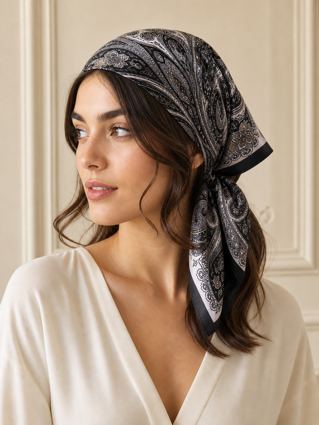 Pañuelo Blanco y Negro con Estampado Paisley, usado en el cabello con aire mediterráneo y acabado cuidado