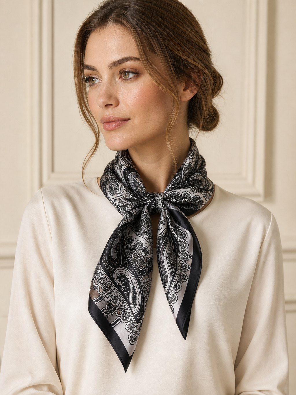 Pañuelo Blanco y Negro con Estampado Paisley, llevado al cuello con estilo elegante