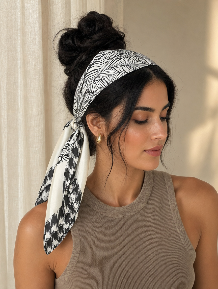 Pañuelo Blanco y Negro con Hojas, llevado en la cabeza con estilo sofisticado y natural con acabado cuidado