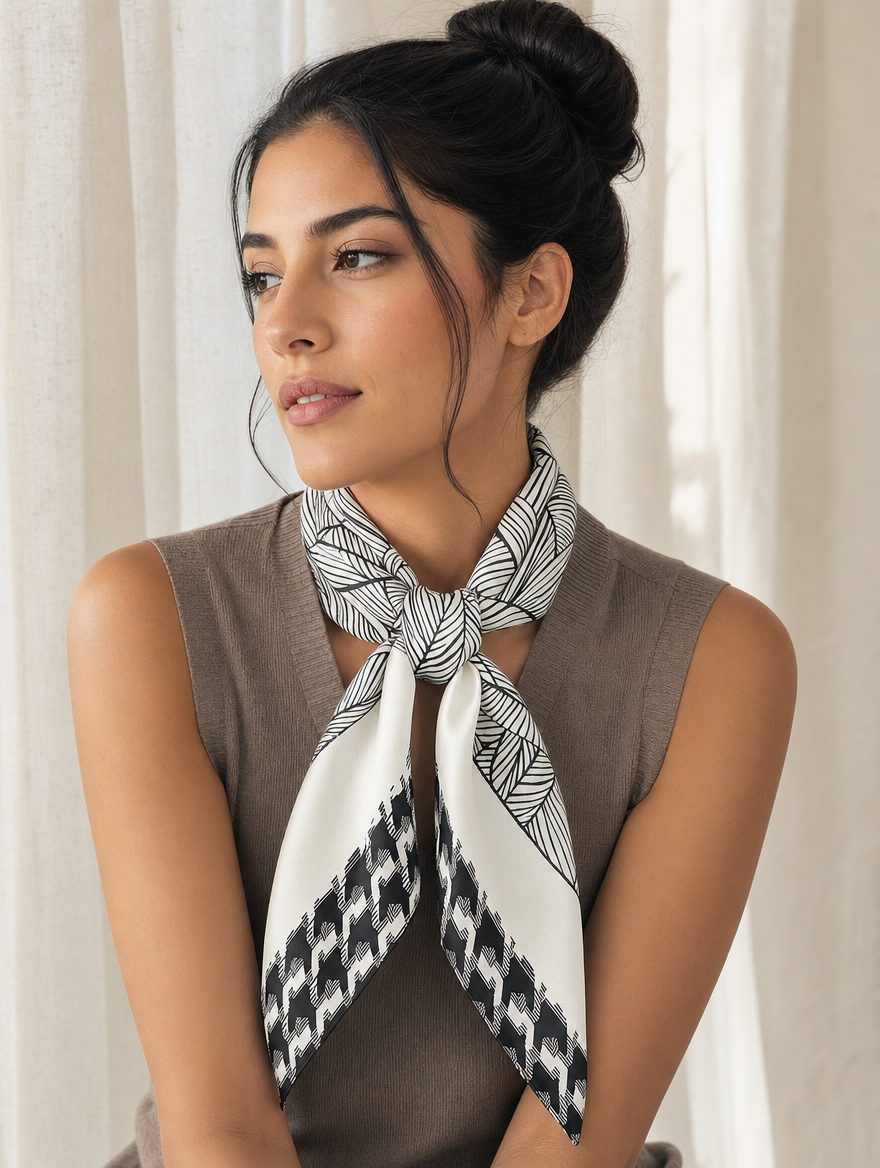 Pañuelo Blanco y Negro con Hojas, llevado al cuello con estilo elegante y acabado cuidado