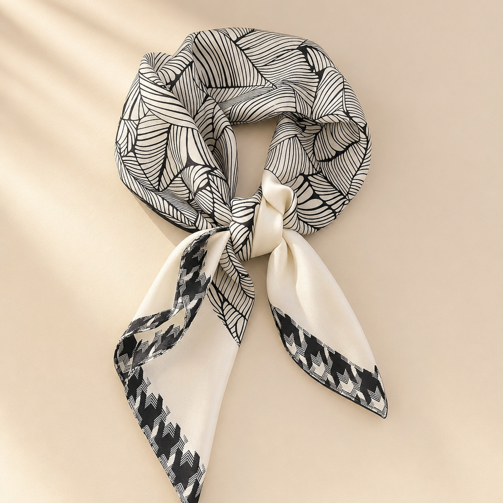 Pañuelo Blanco y Negro con Hojas, presentado con luz suave y estilo cuidado con acabado cuidado