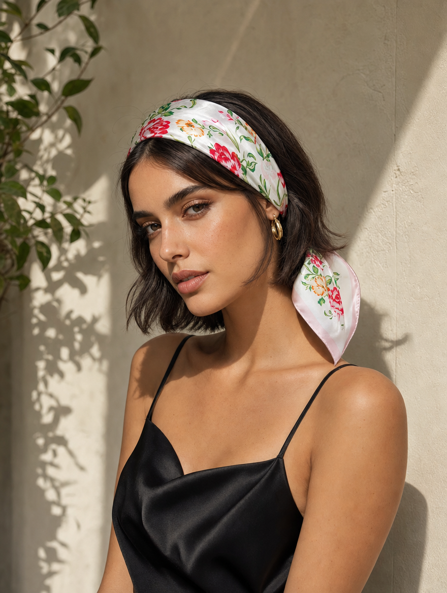 Pañuelo Blanco y Rosa con Flores, usado en el cabello con aire mediterráneo y acabado cuidado