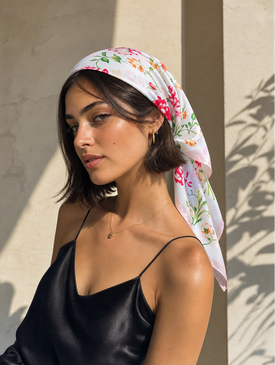 Pañuelo Blanco y Rosa con Flores, llevado en la cabeza con estilo sofisticado y natural con acabado cuidado