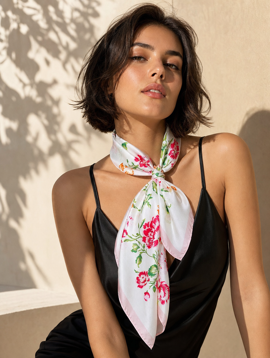 Pañuelo Blanco y Rosa con Flores, llevado al cuello con estilo elegante y acabado cuidado