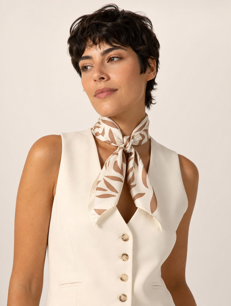 Pañuelo Botánico Crema y Marrón, llevado al cuello con estilo elegante y acabado cuidado
