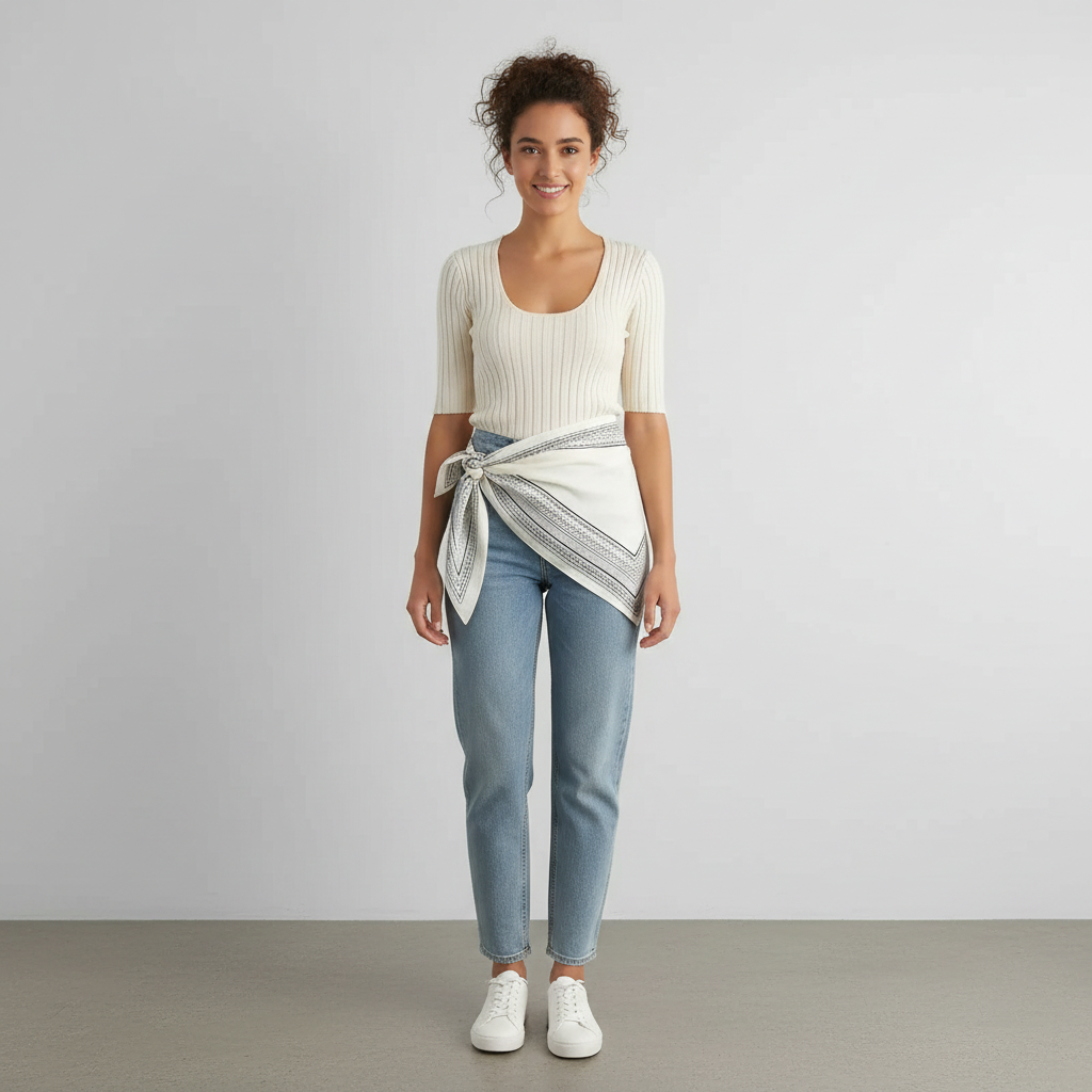 Pañuelo Cintura Bandana Blanco, mostrado como accesorio versátil para mujer con acabado cuidado