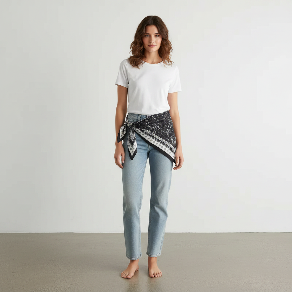 Pañuelo Cintura Bandana Negro, mostrado como accesorio versátil para mujer con acabado cuidado
