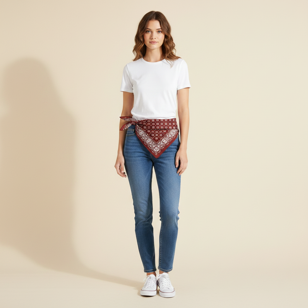 Pañuelo Cintura Bandana Rojo, mostrado como accesorio versátil para mujer con acabado cuidado
