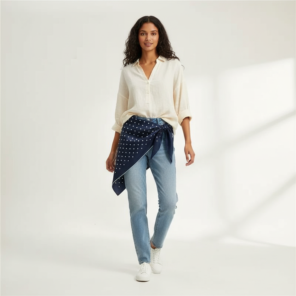 Pañuelo Cintura con Puntos Azul, mostrado como accesorio versátil para mujer con acabado cuidado