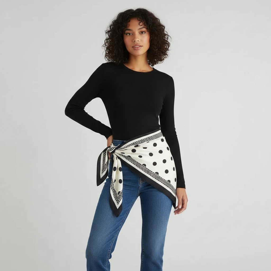 Pañuelo Cintura con Puntos Blanco, mostrado como accesorio versátil para mujer con acabado cuidado