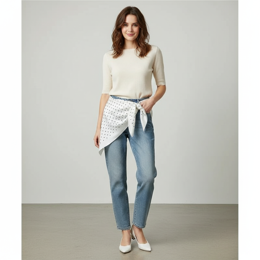 Pañuelo Cintura con Puntos Blanco, mostrado como accesorio versátil para mujer con acabado cuidado
