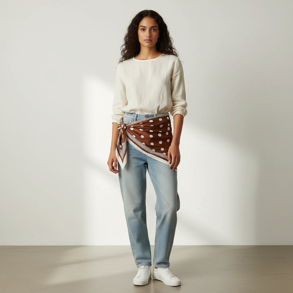 Pañuelo Cintura con Puntos Marrón, mostrado como accesorio versátil para mujer con acabado cuidado