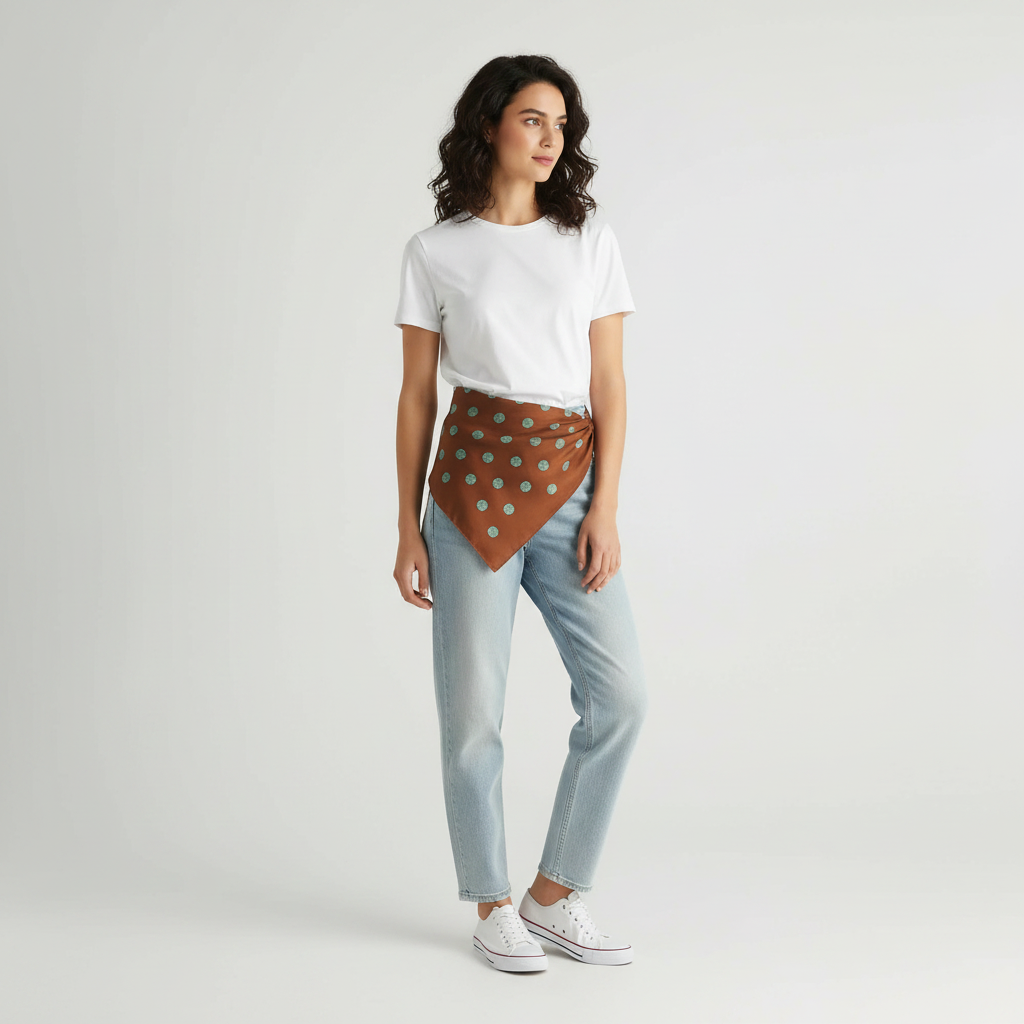 Pañuelo Cintura con Puntos Naranja, mostrado como accesorio versátil para mujer con acabado cuidado