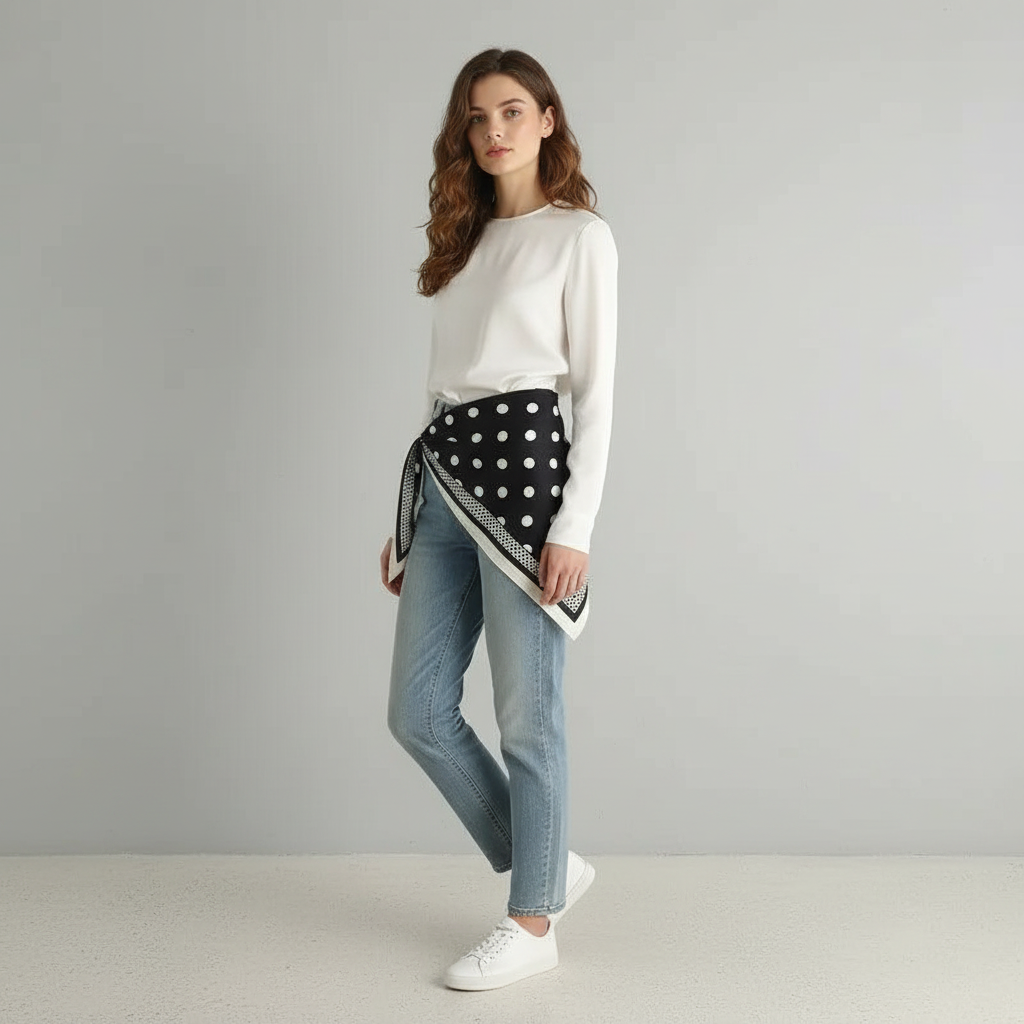 Pañuelo Cintura con Puntos Negro, mostrado como accesorio versátil para mujer con acabado cuidado