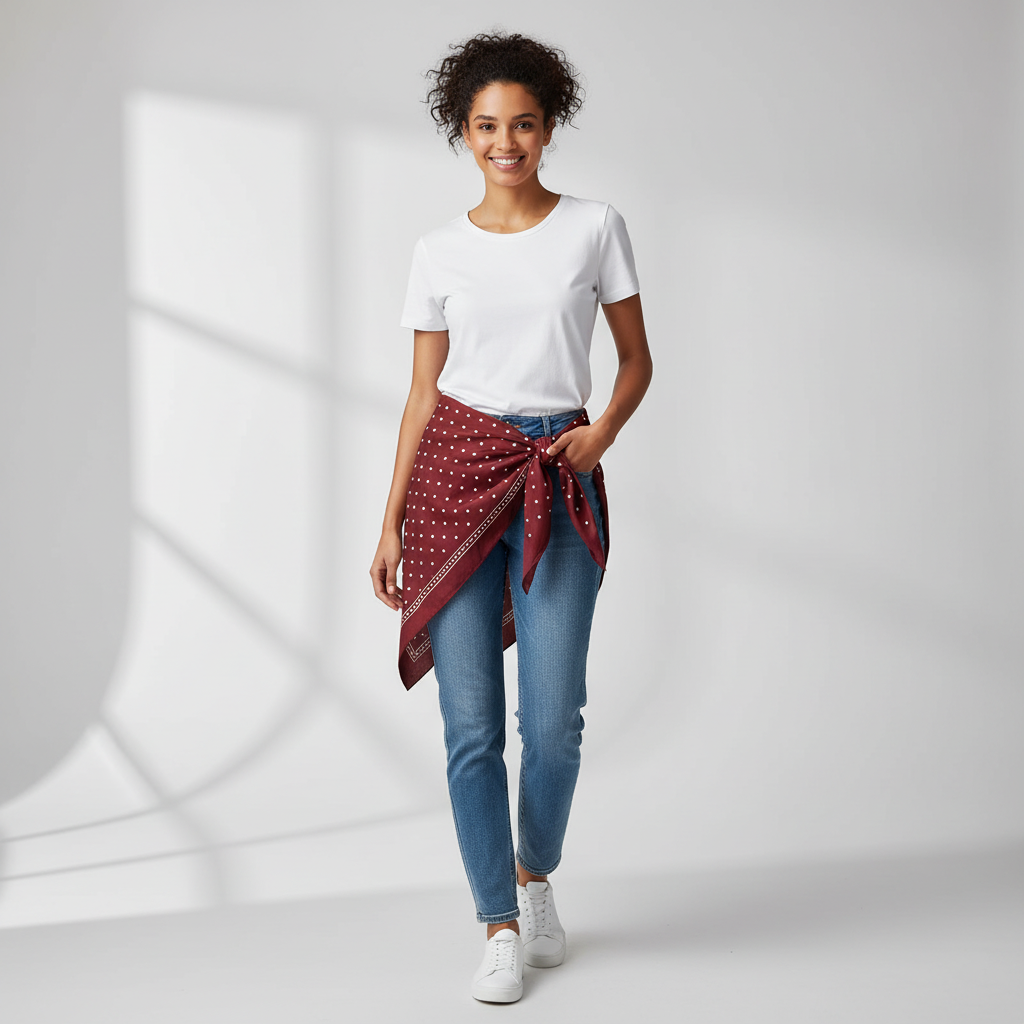 Pañuelo Cintura con Puntos Rojo, mostrado como accesorio versátil para mujer con acabado cuidado