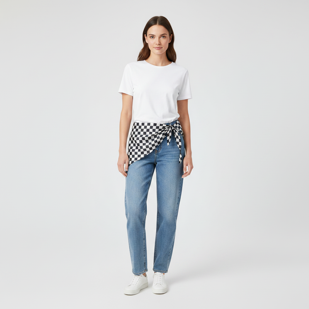 Pañuelo Cintura Cuadros Blanco, mostrado como accesorio versátil para mujer con acabado cuidado