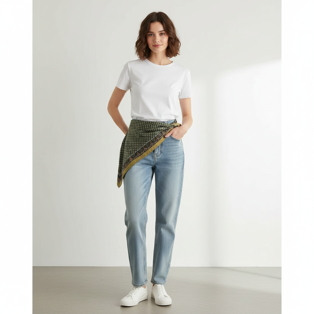 Pañuelo Cintura Cuadros Verde, mostrado como accesorio versátil para mujer con acabado cuidado