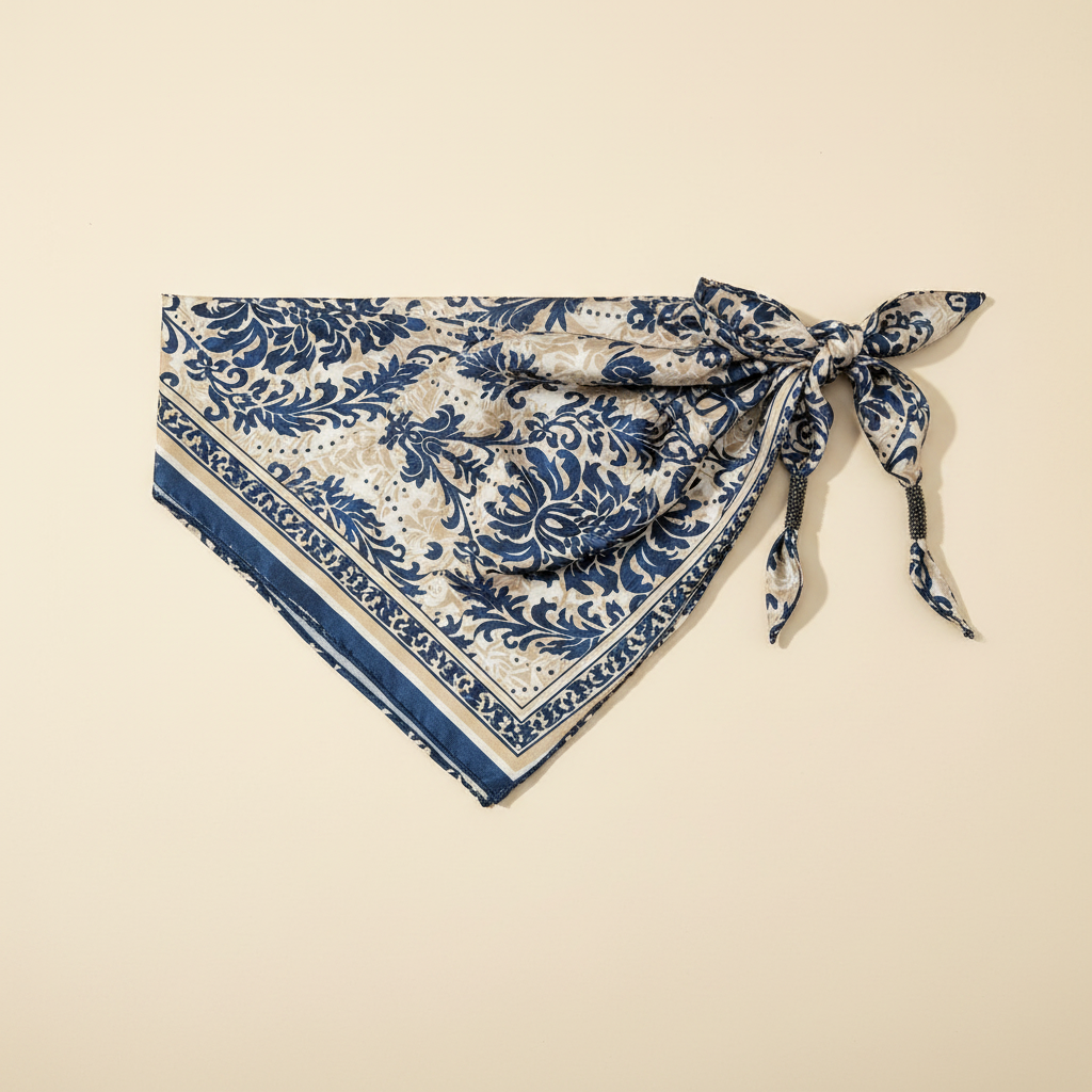 Pañuelo Cintura Floral Azul, presentado con luz suave y estilo cuidado con acabado cuidado