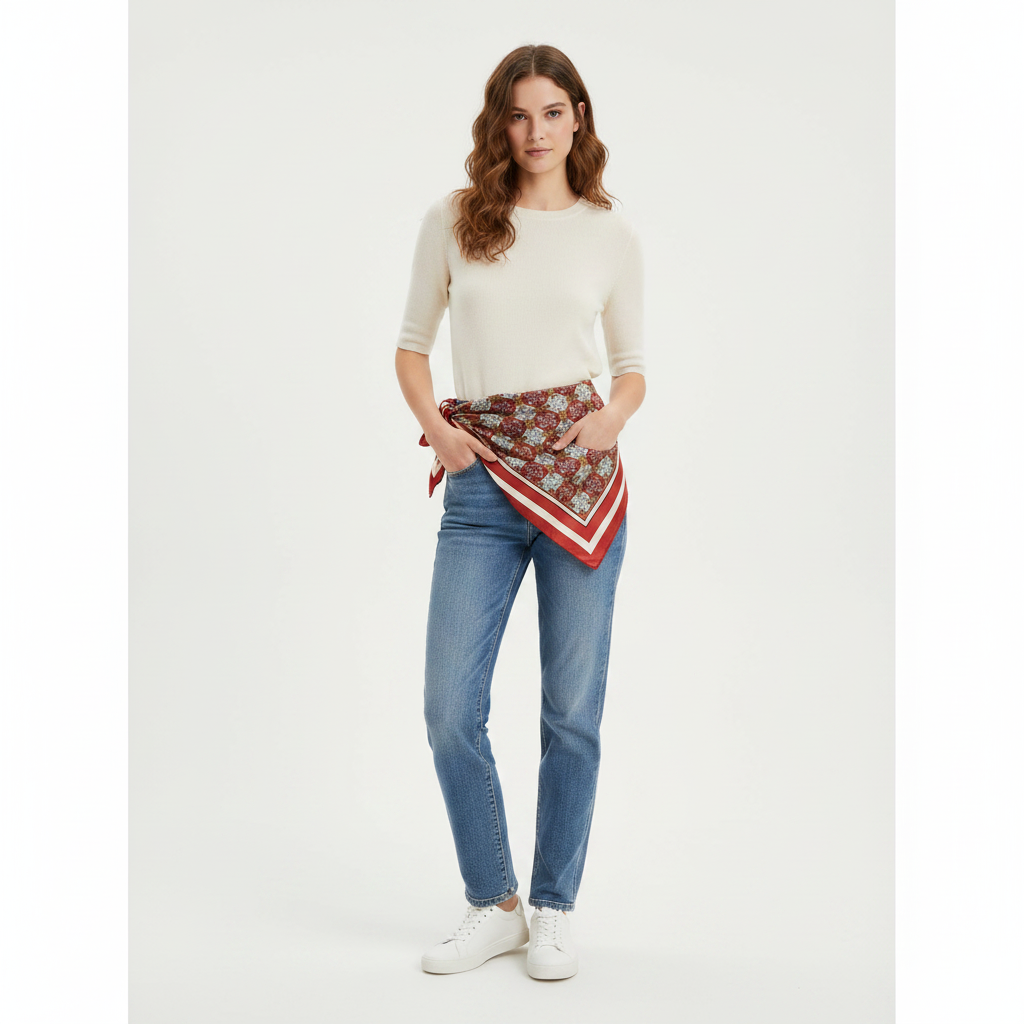 Pañuelo Cintura Floral Marrón, mostrado como accesorio versátil para mujer con acabado cuidado