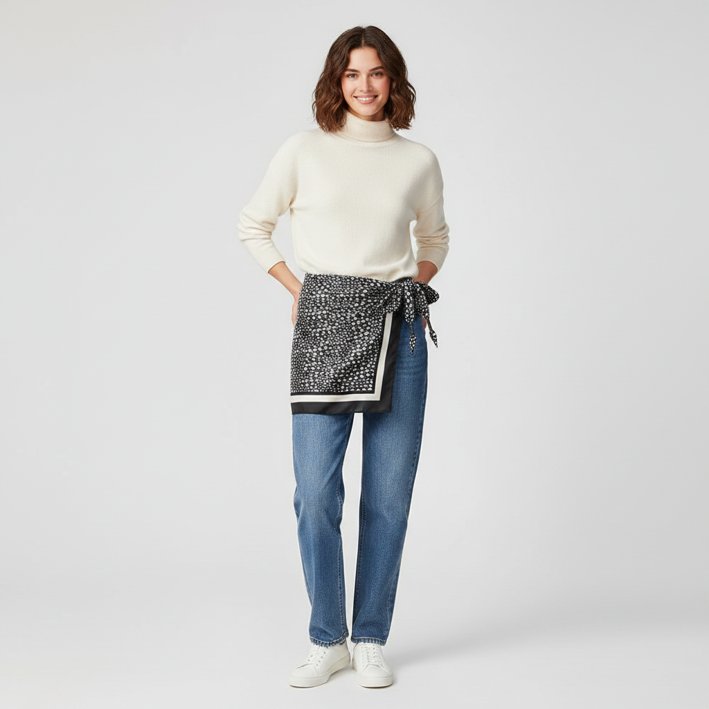 Pañuelo Cintura Floral Negro, mostrado como accesorio versátil para mujer con acabado cuidado