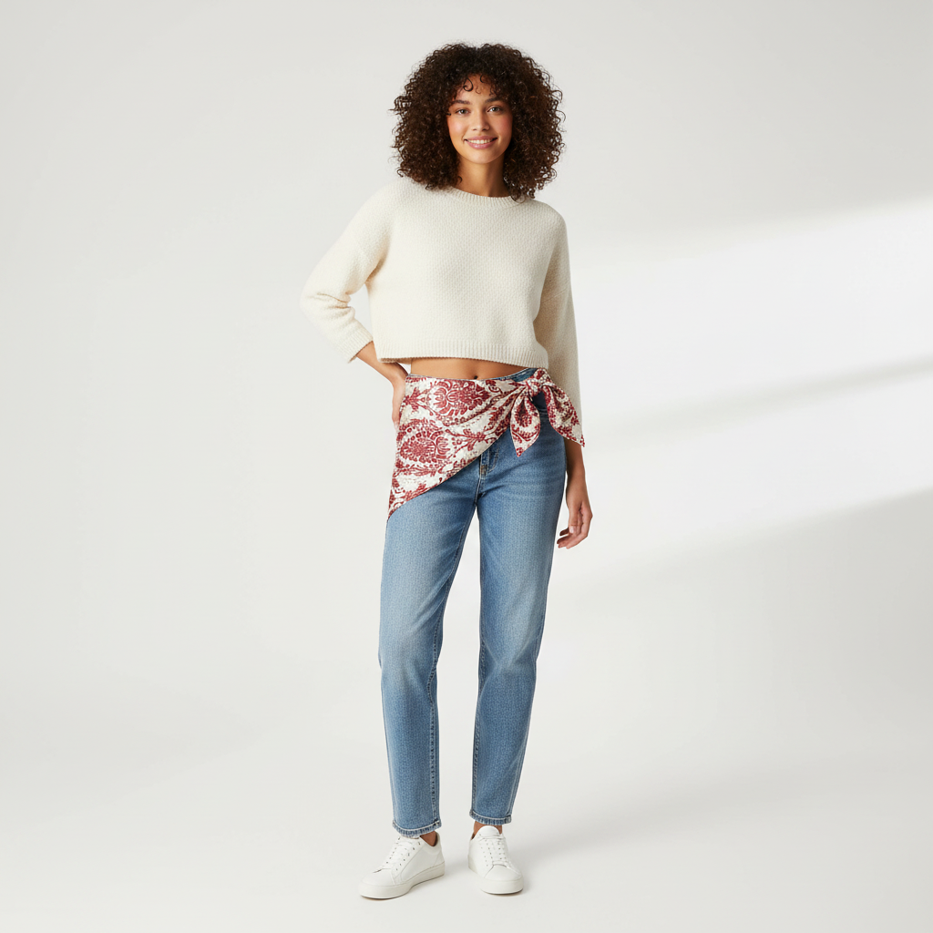 Pañuelo Cintura Floral Rojo, mostrado como accesorio versátil para mujer con acabado cuidado