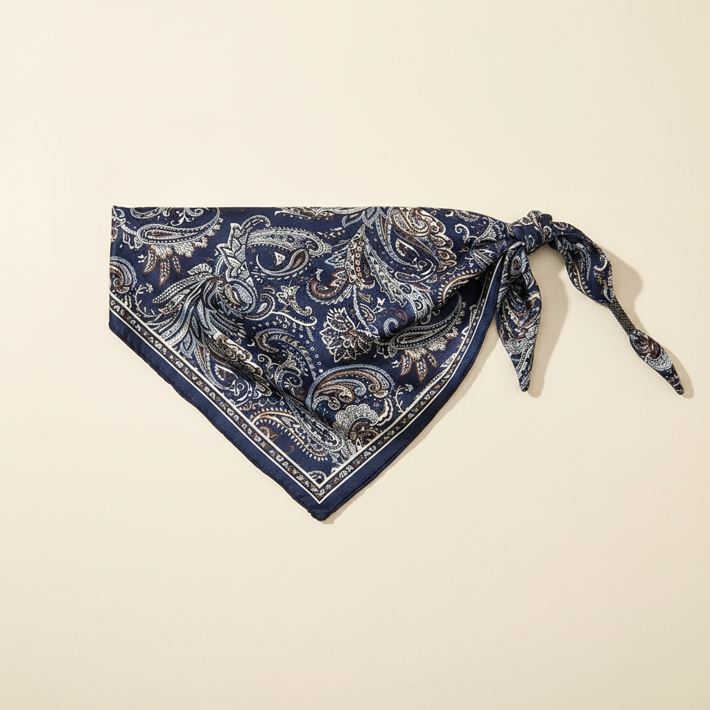 Pañuelo Cintura Paisley Azul, presentado con luz suave y estilo cuidado con acabado cuidado