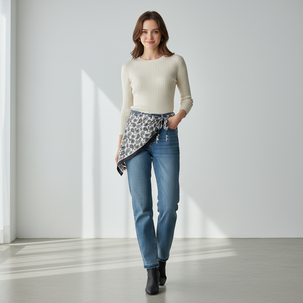 Pañuelo Cintura Paisley Blanco, mostrado como accesorio versátil para mujer con acabado cuidado
