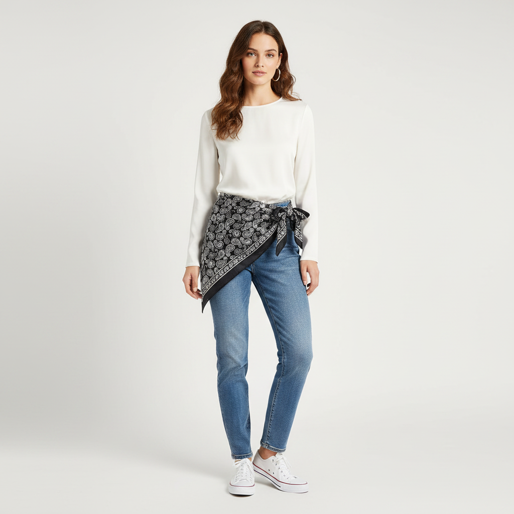 Pañuelo Cintura Paisley Negro, mostrado como accesorio versátil para mujer con acabado cuidado