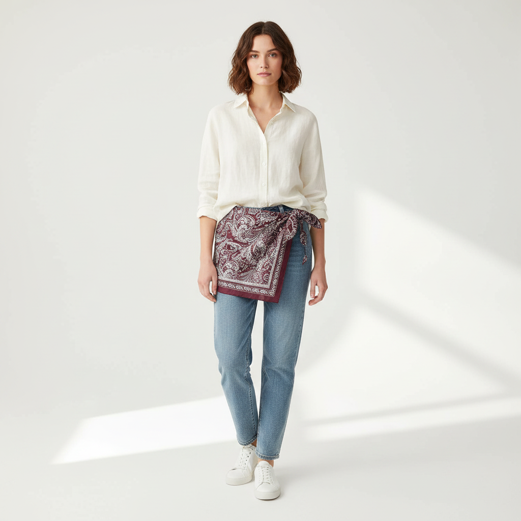 Pañuelo Cintura Paisley Rojo, mostrado como accesorio versátil para mujer con acabado cuidado