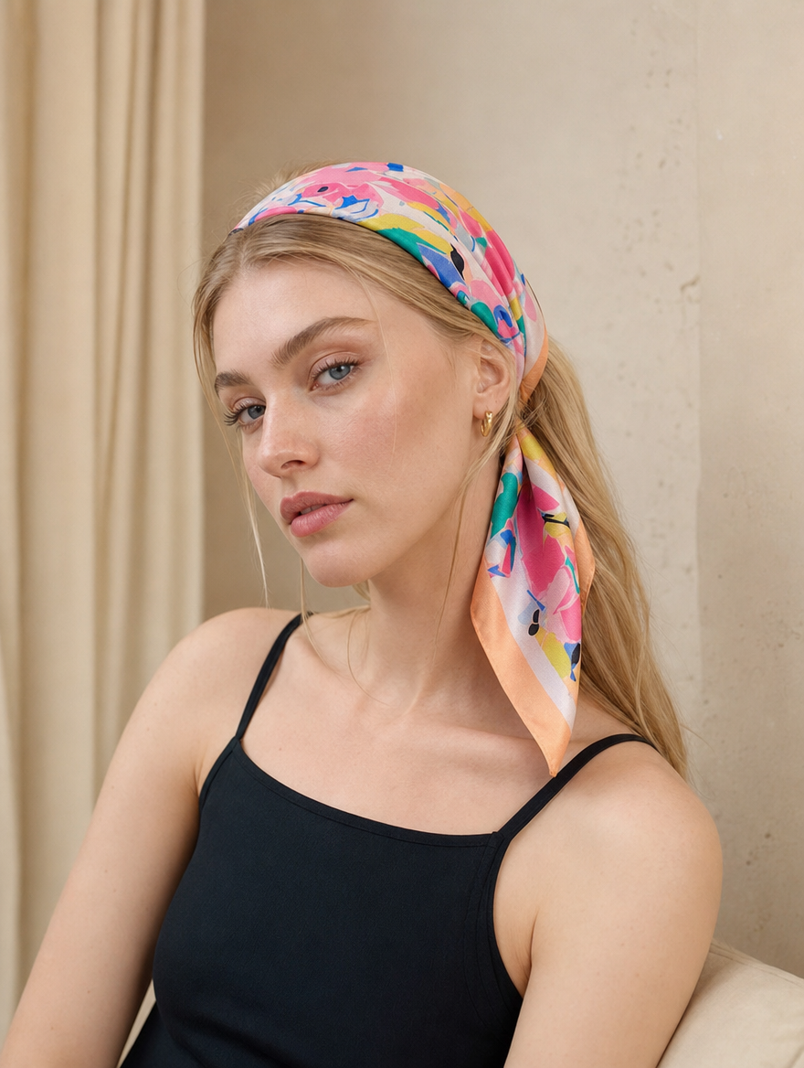 Pañuelo Coral con Estampado Floral Abstracto, usado en el cabello con aire mediterráneo