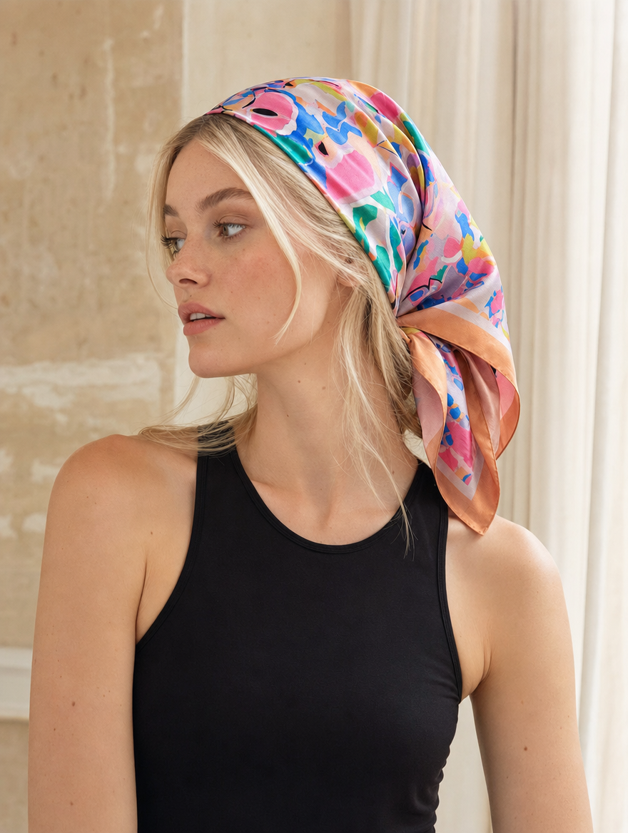 Pañuelo Coral con Estampado Floral Abstracto, llevado en la cabeza con estilo sofisticado y natural