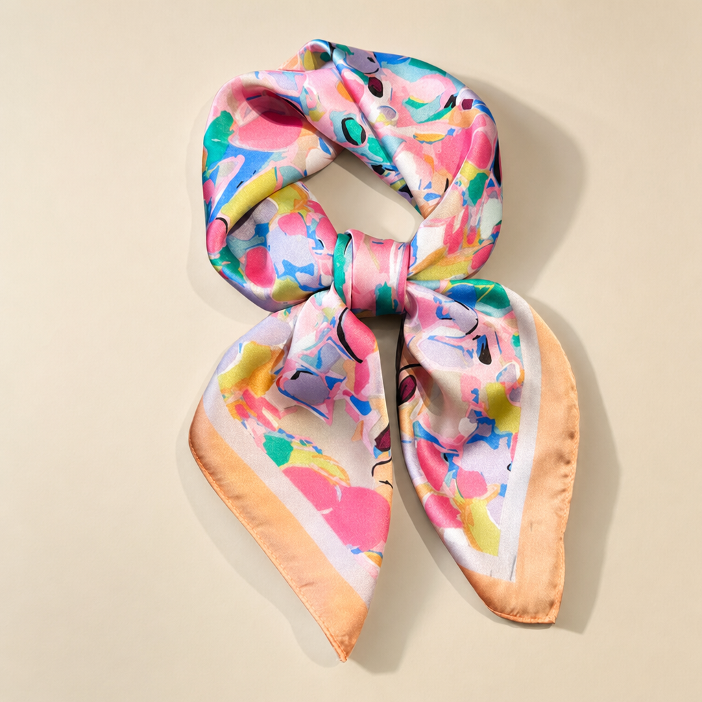 Pañuelo Coral con Estampado Floral Abstracto, presentado con luz suave y estilo cuidado