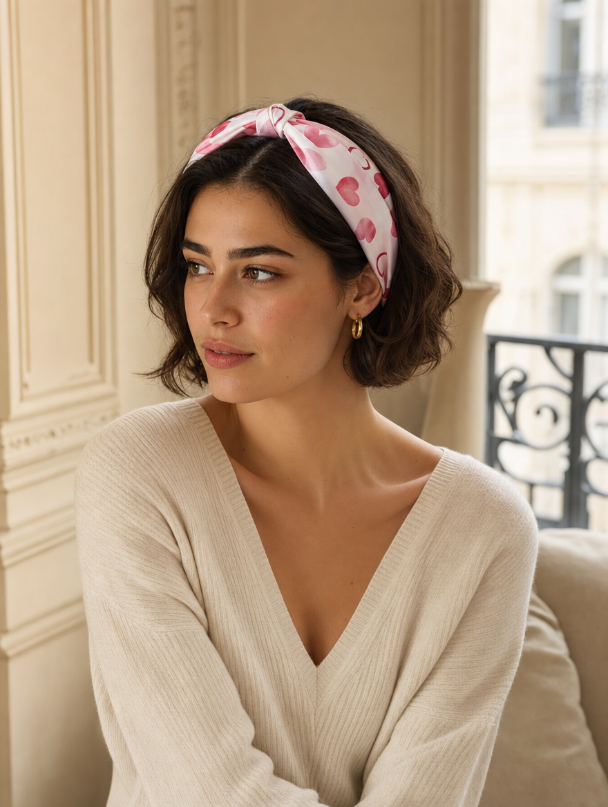 Pañuelo Corazones Rosa, usado en el cabello con aire mediterráneo y acabado cuidado