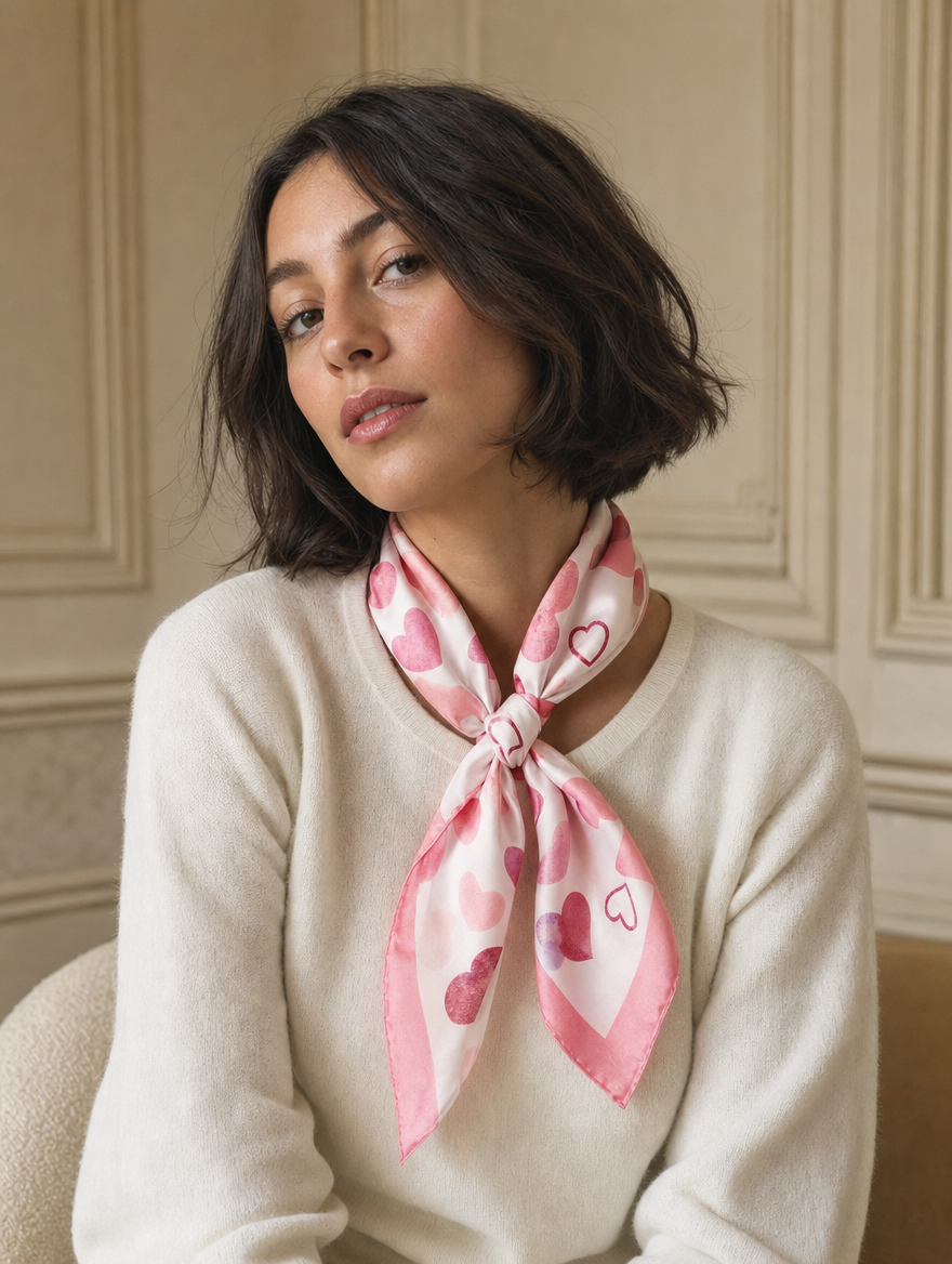 Pañuelo Corazones Rosa, llevado al cuello con estilo elegante y acabado cuidado con acabado suave y sofisticado