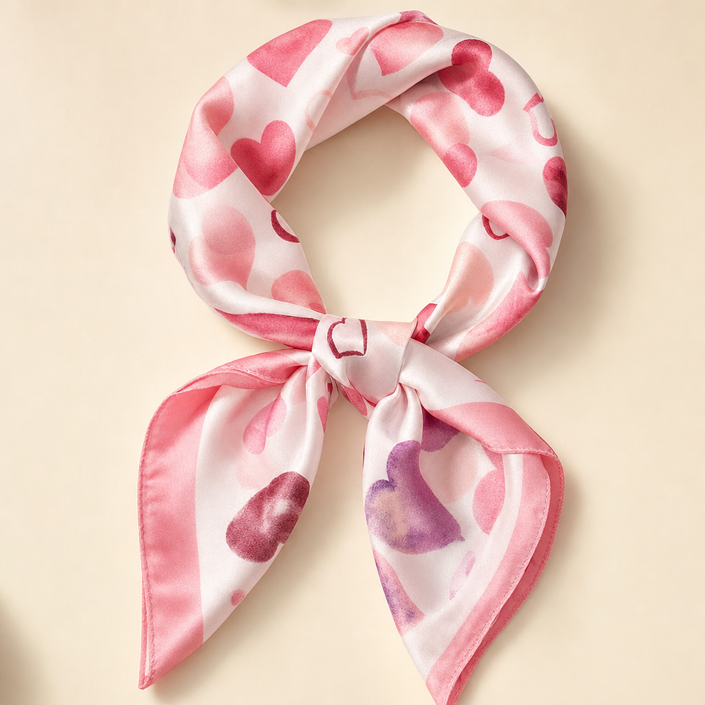 Pañuelo Corazones Rosa, presentado con luz suave y estilo cuidado con acabado cuidado