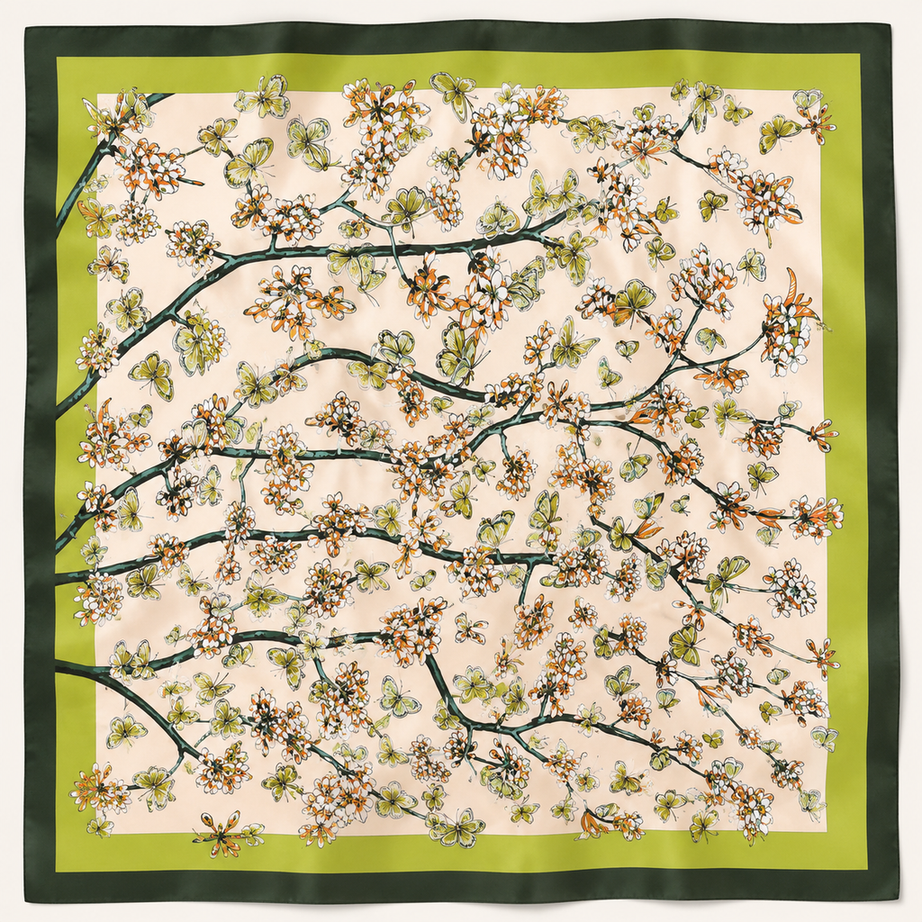 Pañuelo cuadrado de seda con estampado de ramas florecidas y mariposas, con borde verde.