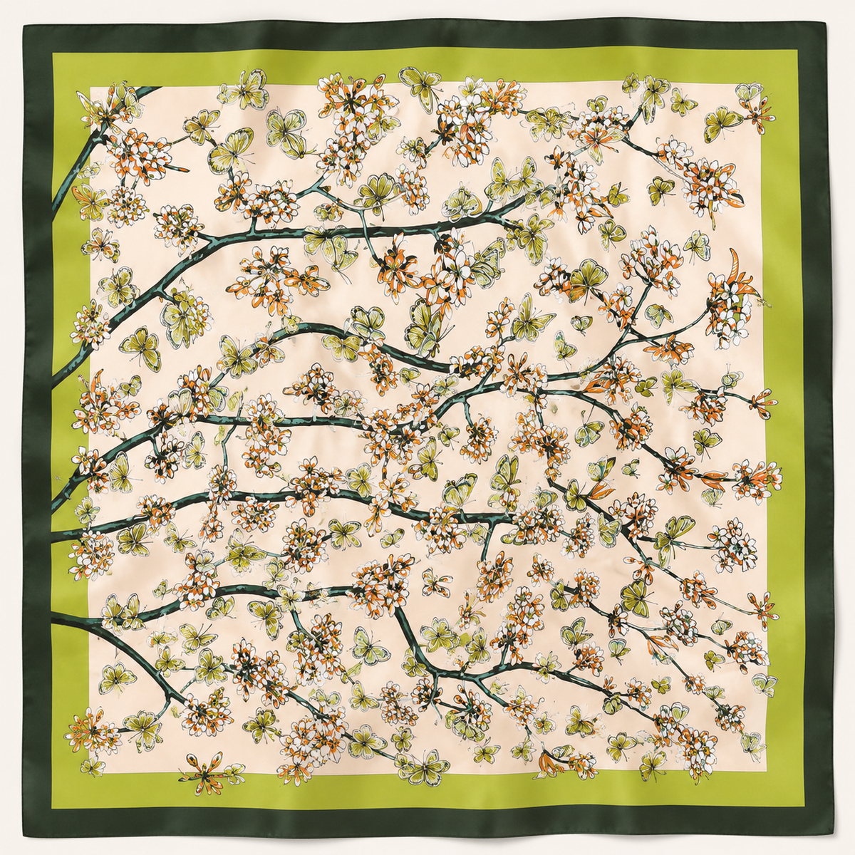 Pañuelo cuadrado de seda con estampado de ramas florecidas y mariposas, con borde verde.