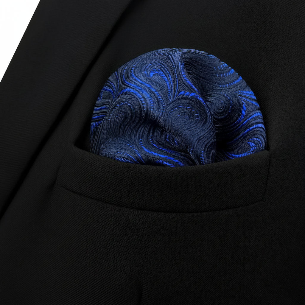 Pañuelo de Bolsillo Azul, llevado en el bolsillo de una chaqueta elegante con acabado cuidado