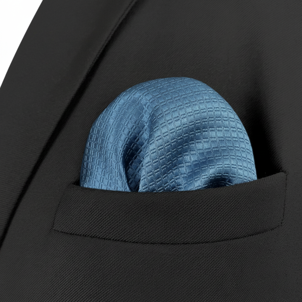 Pañuelo de Bolsillo Azul Claro, llevado en el bolsillo de una chaqueta elegante con acabado cuidado