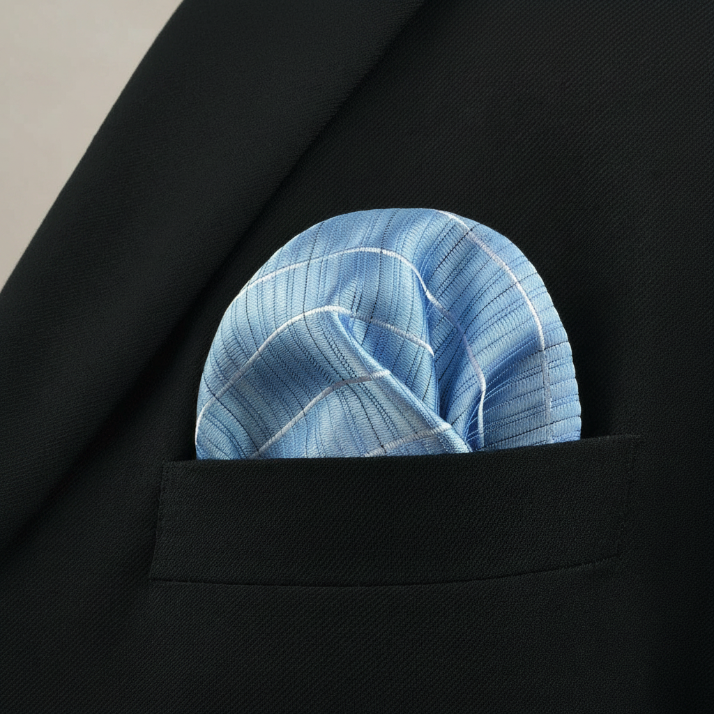 Pañuelo de Bolsillo Azul Claro, llevado en el bolsillo de una chaqueta elegante con acabado cuidado